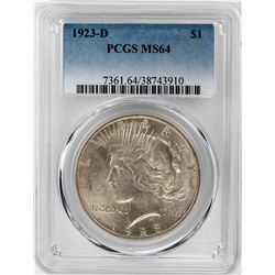 1923-D $1 Peace Silver Dollar Coin PCGS MS64
