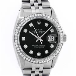 Rolex Mens Stainless Steel Black Diamond 36MM Datejust Wristwatch