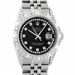 Rolex Mens Stainless Steel Black Diamond Lugs & Pyramid Bezel Datejust Wristwatch