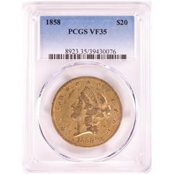 1858 $20 Liberty Head Double Eagle Gold Coin PCGS VF35