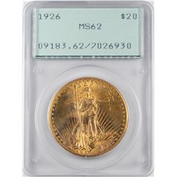 1926 $20 St. Gaudens Double Eagle Gold Coin PCGS MS62 Green Rattler Holder