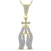 Image 1 : 7/8 CTW Mens Round Diamond Praying Hands Cross Charm Pendant 10kt Yellow Gold - REF-57X5T