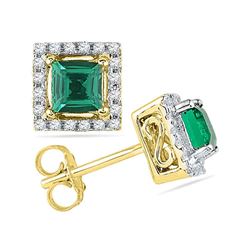 1/8 CTW Princess Lab-Created Emerald Solitaire Diamond Stud Earrings 10kt Yellow Gold - REF-14X4T