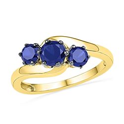 1 & 1/2 CTW Round Lab-Created Blue Sapphire 3-stone Ring 10kt Yellow Gold - REF-13K2R