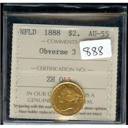 1888 OBV. 3  $2 Nfld Gold  ICCS AU55, W