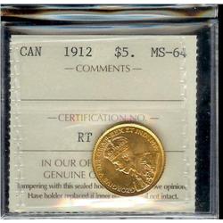1912  $5  Gold   ICCS MS64. A well stru