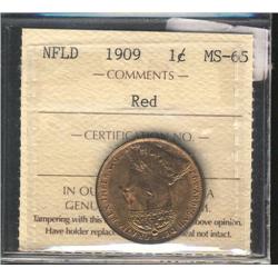 1909  1 cent Nfld  ICCS MS65 Red, 90% r