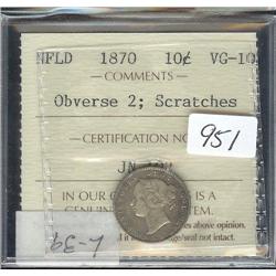 1870  10 cents  ICCS VG-10  scratches. 