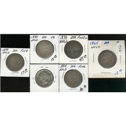 Lot of six Nfld twenty cent pieces.  18