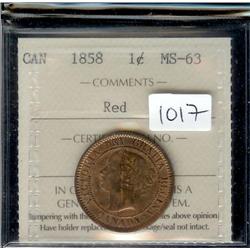 1858  ICCS MS63 Red,  70% red lustre.  