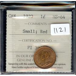 1920 small cent ICCS MS64 Red,  95% red