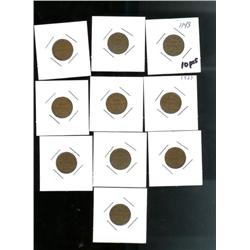 1923,  lot of 10 pieces.  Grades vary f