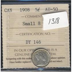 1908  Small 8  ICCS AU50  light gold , 