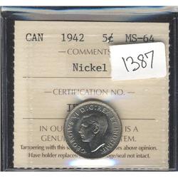 1942 Nickel  ICCS MS64  A razor sharp B