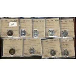 Lot of nine ICCS MS64 graded coins.  In