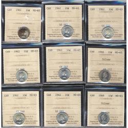 Lot of nine ICCS MS65 graded coins.  In