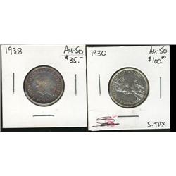 1930, 1938, both coins are AU-50 or bet