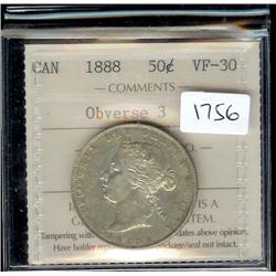 1888 Obverse 3,  ICCS VF-30, lightly to