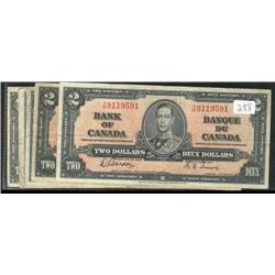 Lot of five 1937 $2 notes BC-22b and 22