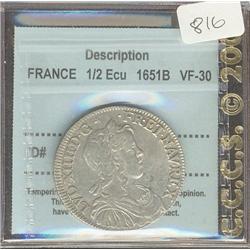 FRANCE  1/2 Ecu  1651B   CCCS VF-30, a 