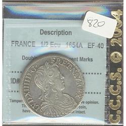 FRANCE  1/2 Ecu  1654A   CCCS EF-40, a 