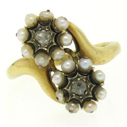 18k Gold Rose Diamonds Seed Pearl Enamel Bypass Ring