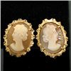 18k Yellow Gold Carved Shell Cameo Earrings w/ Etched & Textured Frames