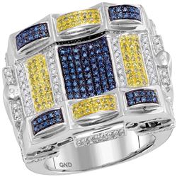 7/8 CTW Mens Blue Yellow Color Enhanced Diamond Checkered Square Cluster Ring 10kt White Gold - REF-