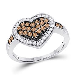 1/2 CTW Round Brown Diamond Framed Heart Cluster Ring 10kt White Gold - REF-30R3H