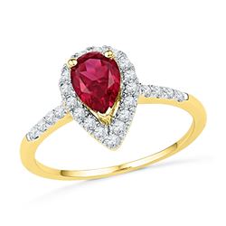 1 & 1/5 CTW Pear Lab-Created Ruby Solitaire Diamond Frame Ring 10kt Yellow Gold - REF-27A5N