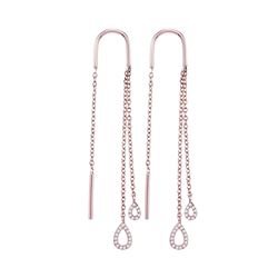 1/8 CTW Round Diamond Double Teardrop Dangle Threader Earrings 10kt Rose Gold - REF-18F3M
