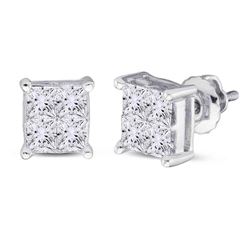 1 CTW Princess Diamond Square Cluster Stud Earrings 14kt White Gold - REF-86R9H