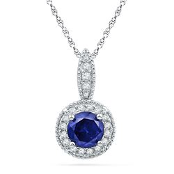 1/6 CTW Round Lab-Created Blue Sapphire Solitaire Diamond Frame Pendant 10kt White Gold - REF-14H4W