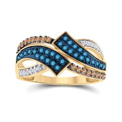 1/2 CTW Round Blue & Brown Diamond Round Ring 10kt Yellow Gold - REF-24F3M