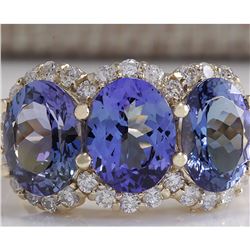 7.38 CTW Natural Tanzanite And Diamond Ring 18K Solid Yellow Gold