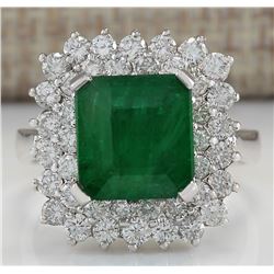 5.42 CTW Natural Emerald And Diamond Ring In 14K White Gold