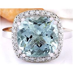 7.28 CTW Natural Aquamarine 18K Solid White Gold Diamond Ring