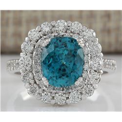 6.54 CTW Natural Blue Zircon And Diamond Ring 14K Solid White Gold