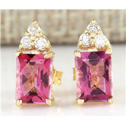 2.65 CTW Natural Pink Tourmaline And Diamond Earrings 18K Solid Yellow Gold