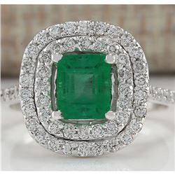 2.00 CTW Natural Colombian Emerald And Diamond Ring In 18K White Gold