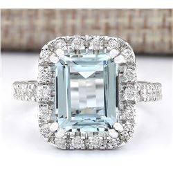 5.63 CTW Natural Aquamarine And Diamond Ring In 18K White Gold
