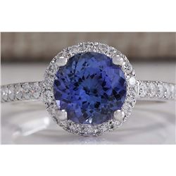 2.17 CTW Natural Blue Tanzanite And Diamond Ring In 18K Solid White Gold