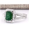 Image 2 : 3.30 CTW Natural Emerald And Diamond Ring In 14k White Gold