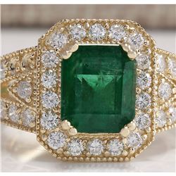 3.96 CTW Natural Emerald And Diamond Ring 14K Solid Yellow Gold