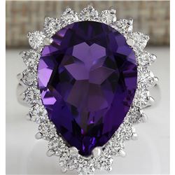 10.80 CTW Natural Amethyst And Diamond Ring In 14K Solid White Gold