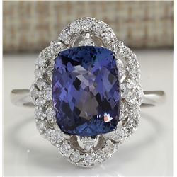 4.75 CTW Natural Blue Tanzanite And Diamond Ring 18K Solid White Gold