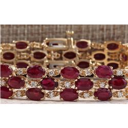38.13CTW Natural Ruby And Diamond Bracelet In 18K Solid Yellow Gold