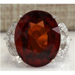 19.81 CTW Natural Red Hessonite Garnet And Diamond Ring In18K White Gold