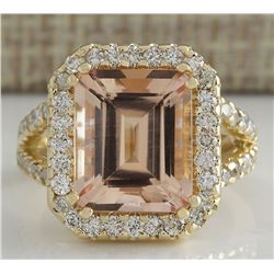6.92 CTW Natural Peach Morganite And Diamond Ring In 18K Solid Yellow Gold