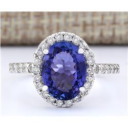 3.63 CTW Natural Blue Tanzanite And Diamond Ring 18K Solid White Gold